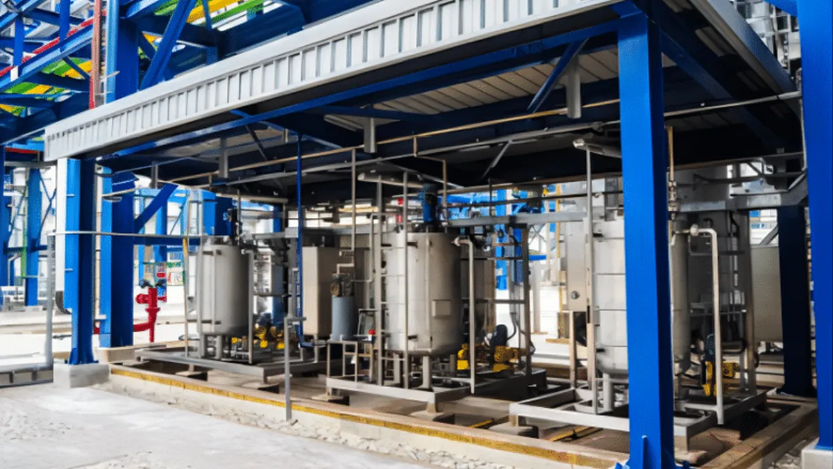 Row of chemical storage and dosing tanks under a steel platform in a plant