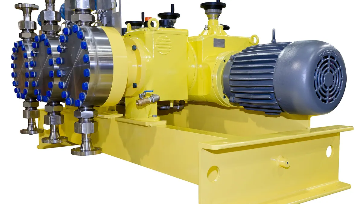 Three-plunger reciprocating metering pump on a steel base with motor drive