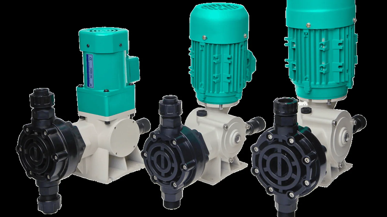 Three metering pumps of different sizes and drive types shown side by side