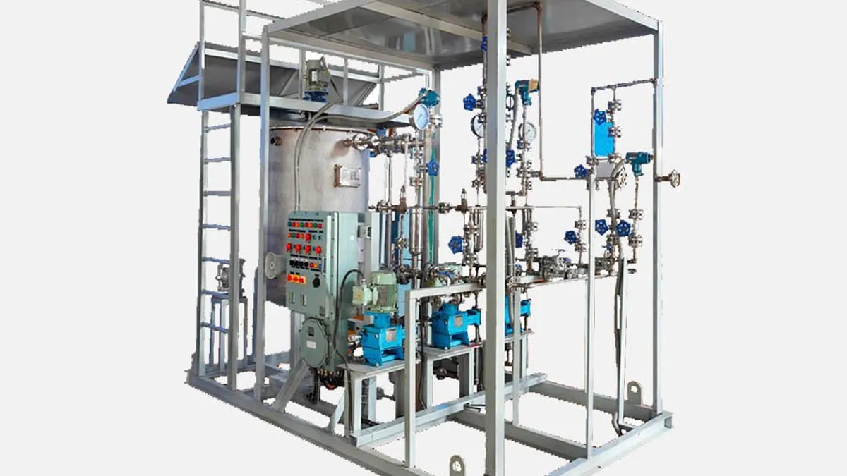 Complete chemical dosing skid with tanks, pumps, piping and control cabinet