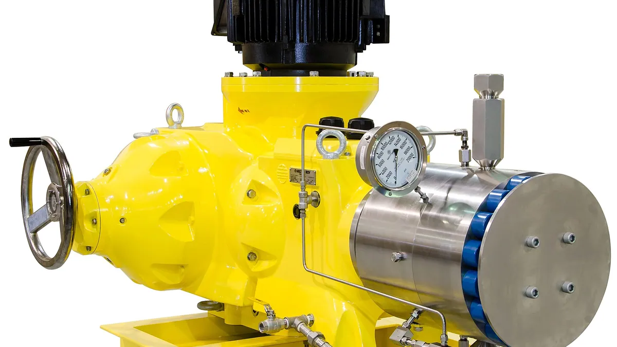 Motor-driven metering pump with pressure gauge and handwheel